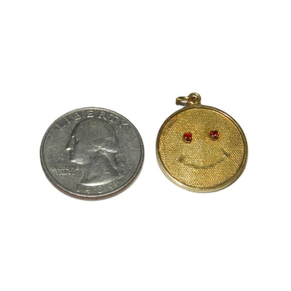 Happy Smiley Face Emoji Pendant in 14k Yellow Gold 2 Sided w Ruby - Picture 4 of 14